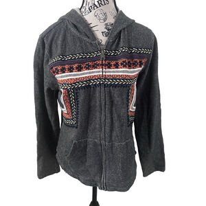 Lucky Lotus Womens Gray Embroidered Full Zip Hoodie Sweater Southwest Boho Large